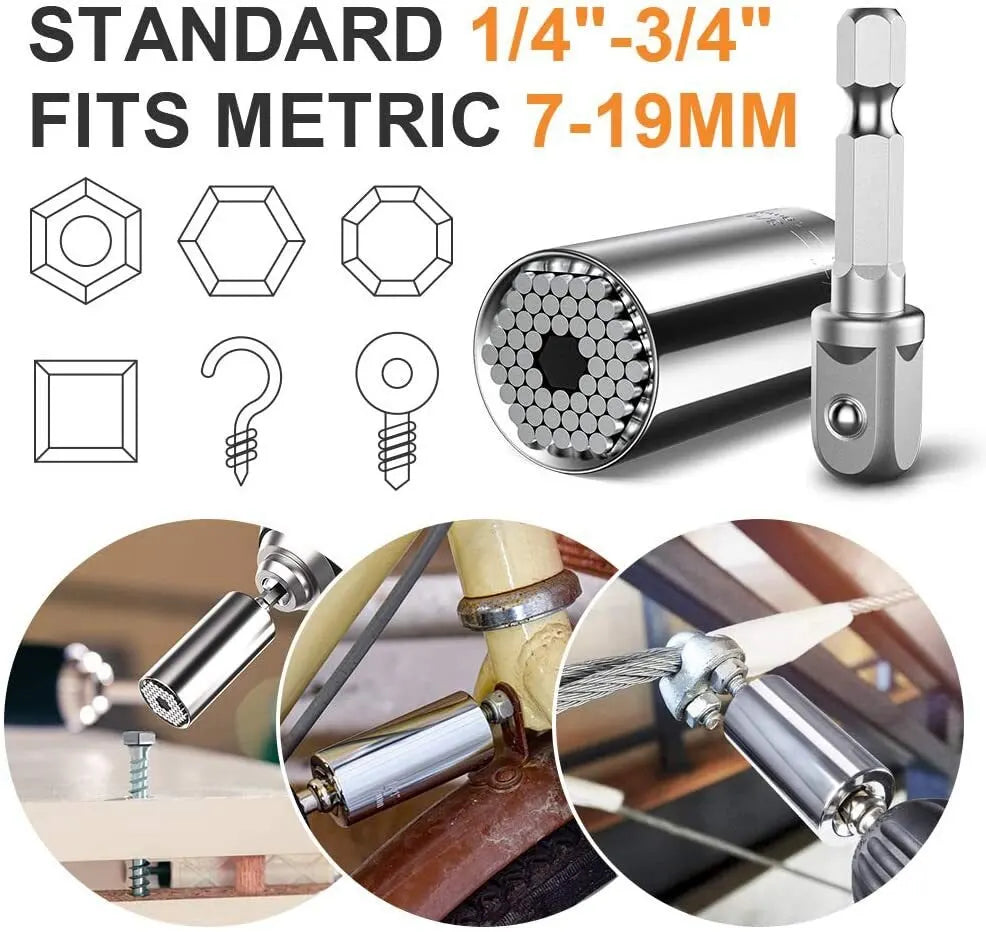 BrightStay Grip — Universal Socket with Drill Adapter (7–19 mm)