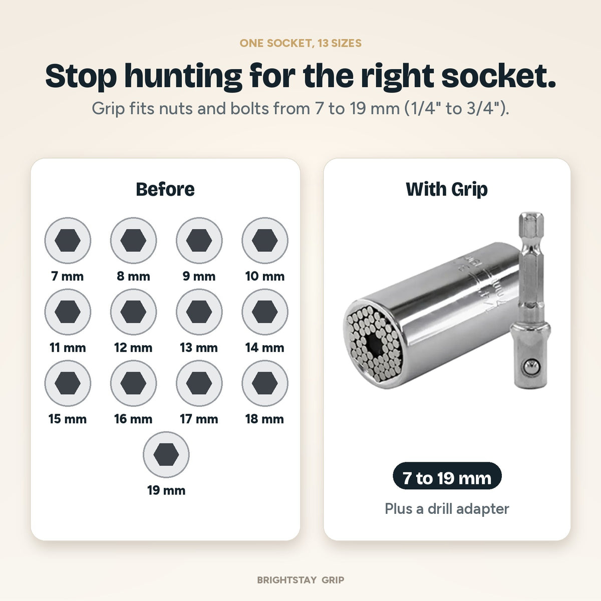 BrightStay Grip — Universal Socket with Drill Adapter (7–19 mm)