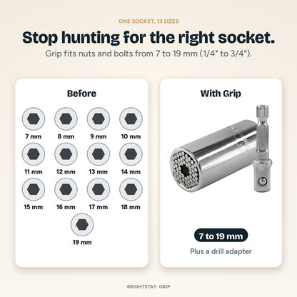 BrightStay Grip — Universal Socket with Drill Adapter (7–19 mm)