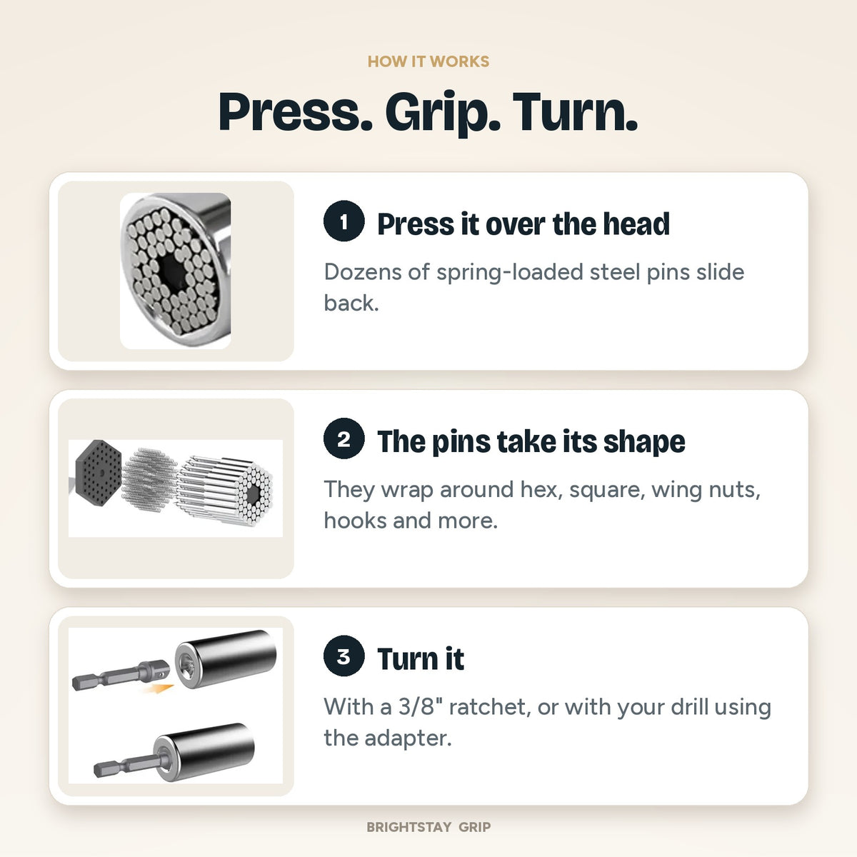 BrightStay Grip — Universal Socket with Drill Adapter (7–19 mm)